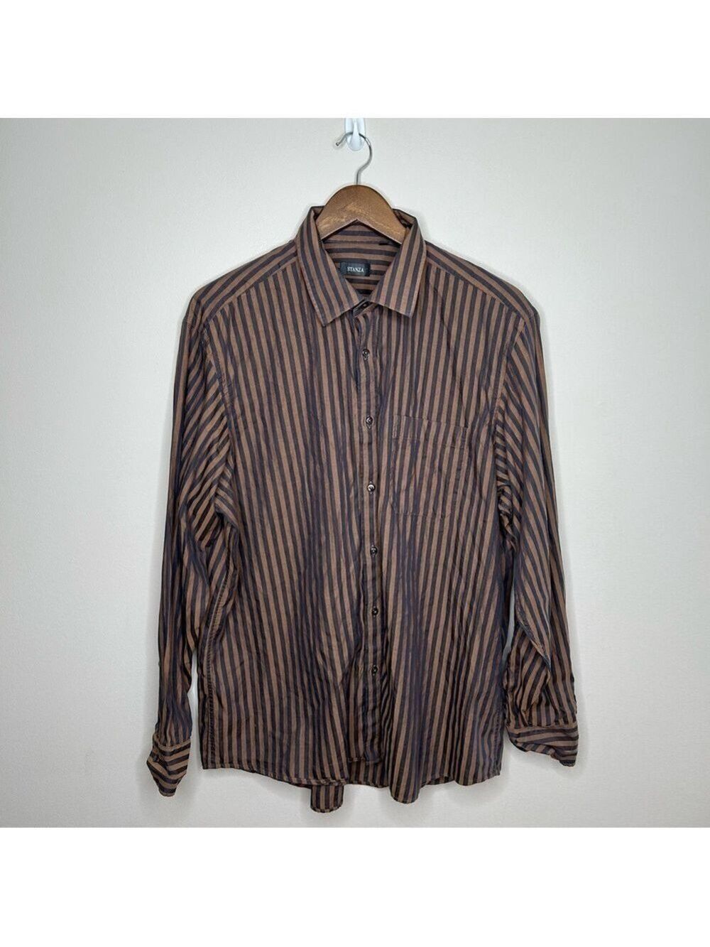 Stanza Brown Vertical Stripe Slim Fit Dress Shirt 17.25